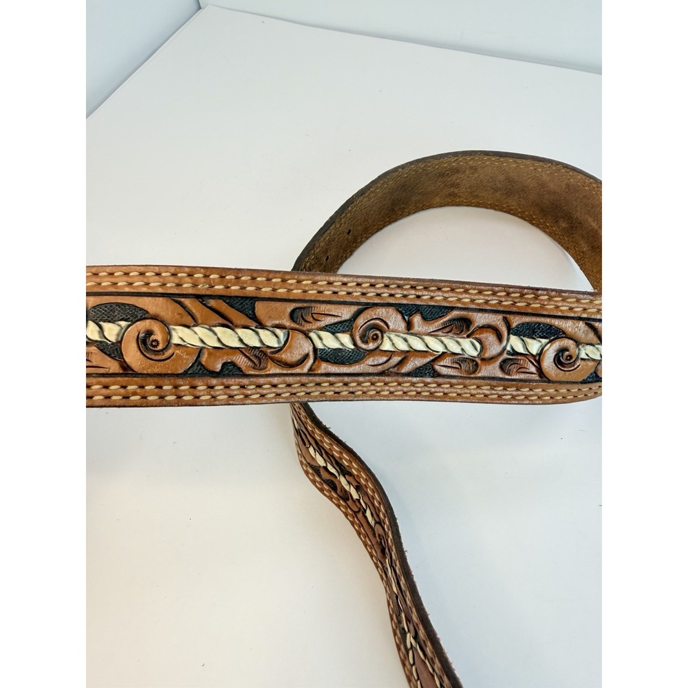 Tooled Leather Vintage Belt Tony Lama Western Cowboy 30" Rope Accent Design - Picture 2 of 7